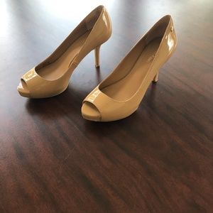 Calvin Klein Nude Peep-Toe Patent Stilettos